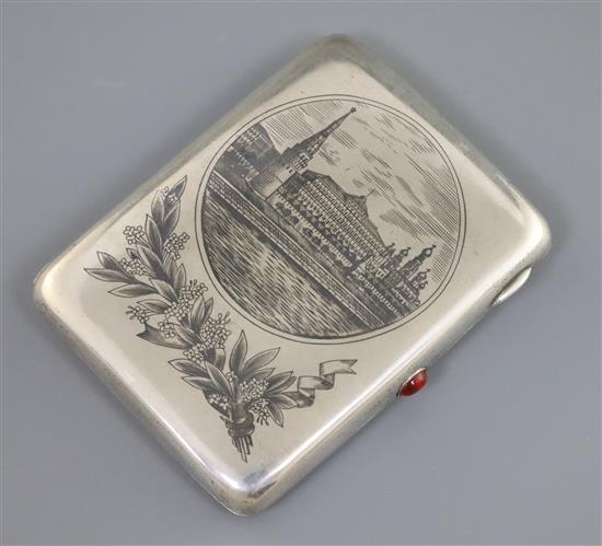 A 20th century Russian 875 silver and niello cigarette case, decorated with view of Red Square, Moscow, gross 182 grams.